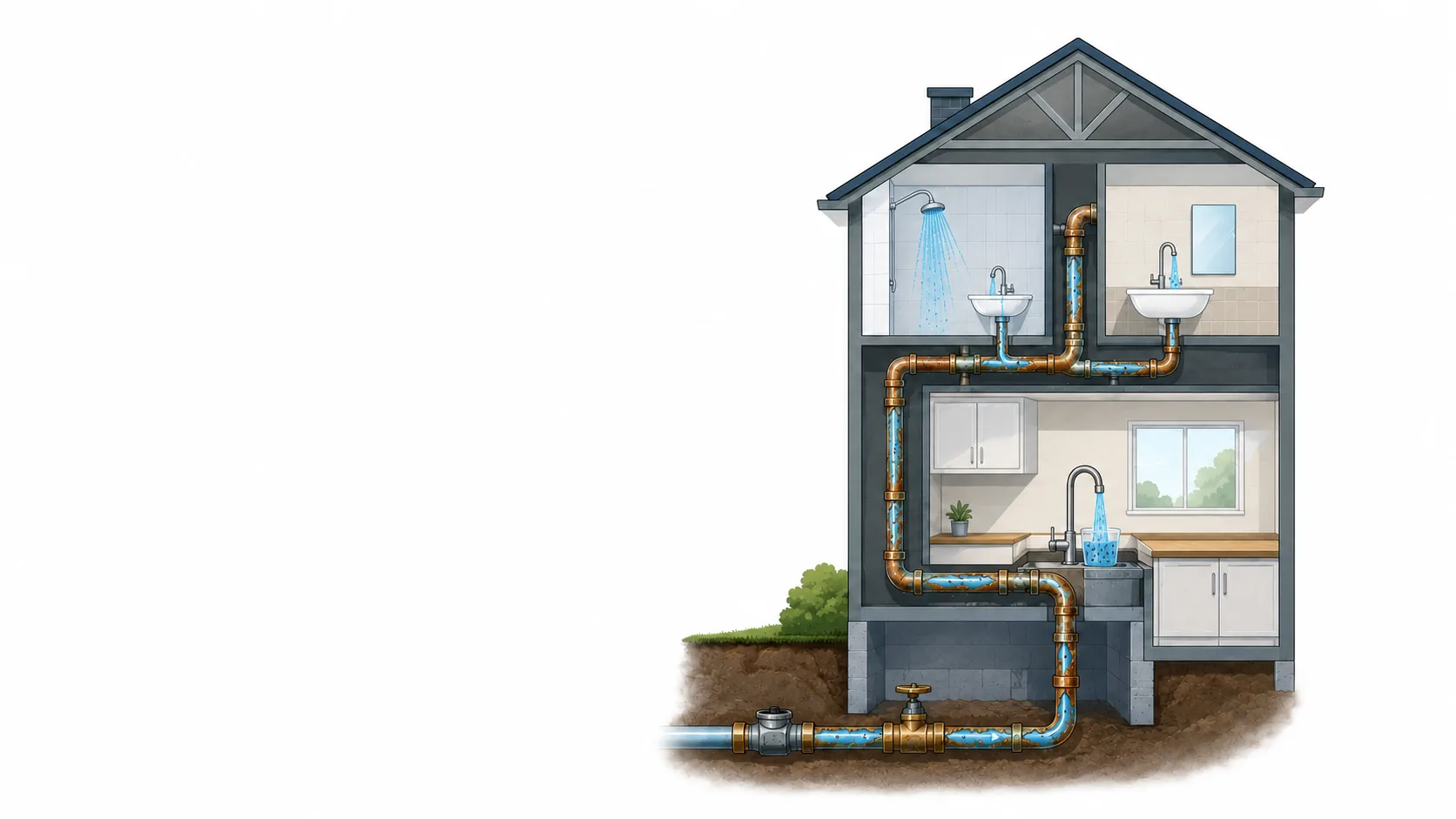 Schnittdarstellung eines Hauses mit Wasserleitungen, Ablagerungen und Korrosion